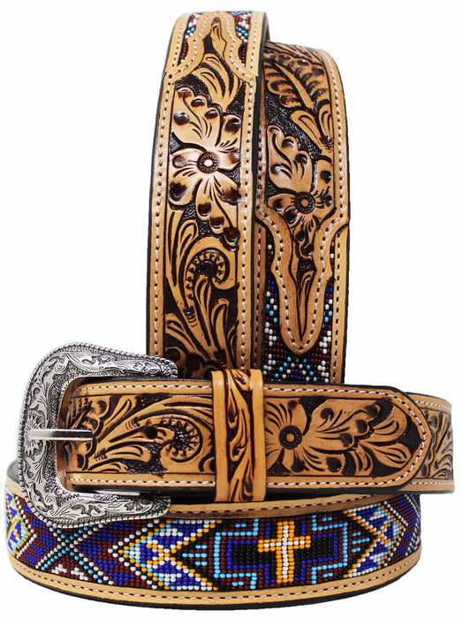 Western Two-Tone Floral Tooled Beaded Full-Grain Leather Belt 26FK29