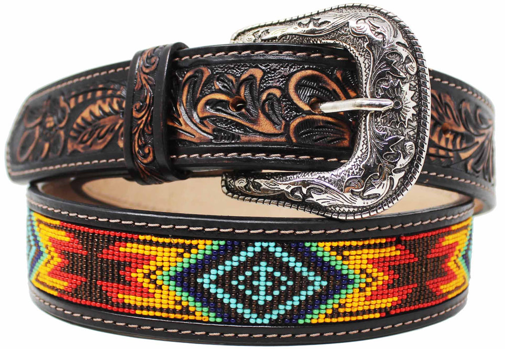 Western Antique Floral Tooled Beaded Full-Grain Leather Belt 26FK30