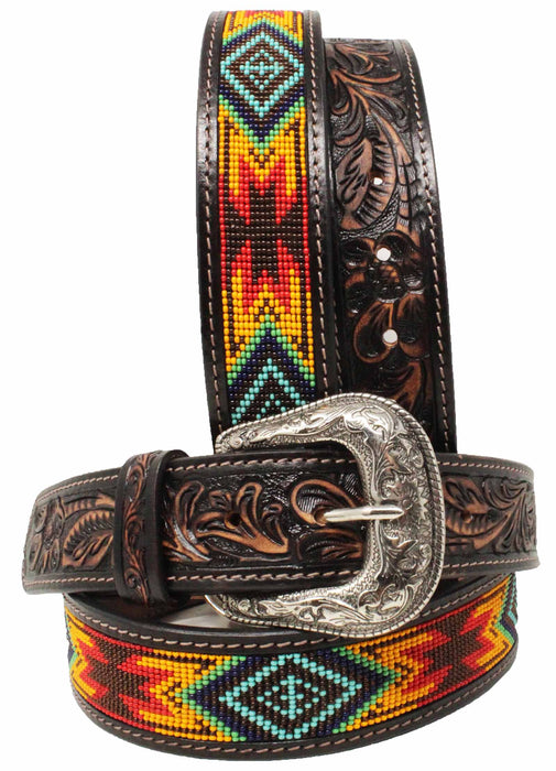 Western Antique Floral Tooled Beaded Full-Grain Leather Belt 26FK30