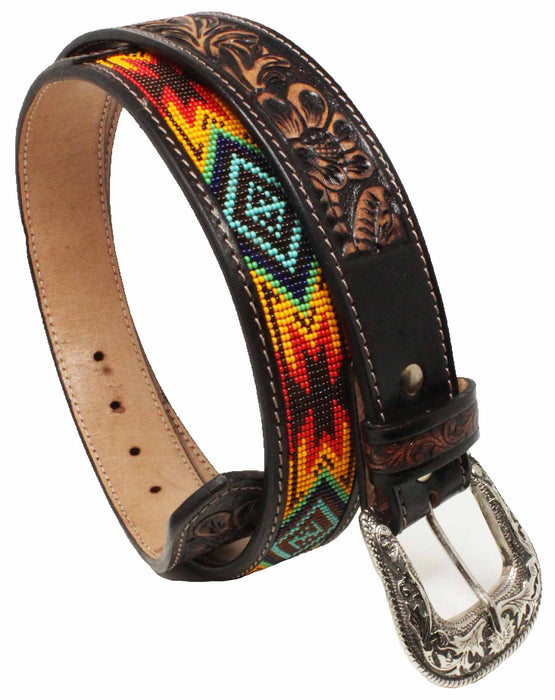 Western Antique Floral Tooled Beaded Full-Grain Leather Belt 26FK30