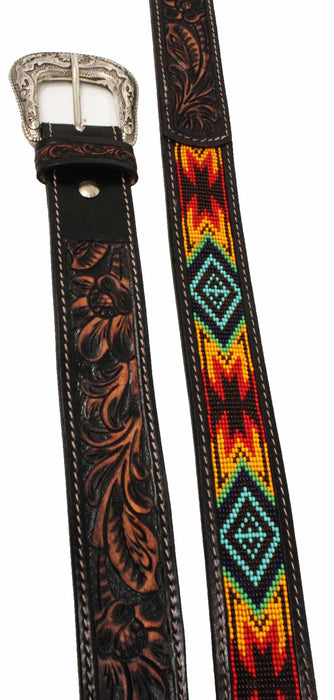 Western Antique Floral Tooled Beaded Full-Grain Leather Belt 26FK30