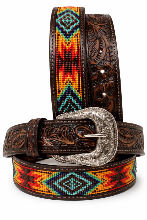 Western Antique Floral Tooled Beaded Full-Grain Leather Belt 26FK30