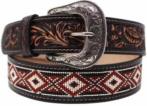 Men's Western 1-1/2" Wide Rodeo Fashion Antique Floral Tooled Multicolor Beaded Full-Grain Leather Belt 26FK32