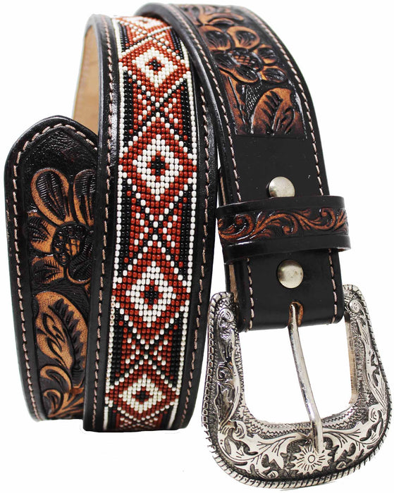 Men's Western 1-1/2" Wide Rodeo Fashion Antique Floral Tooled Multicolor Beaded Full-Grain Leather Belt 26FK32