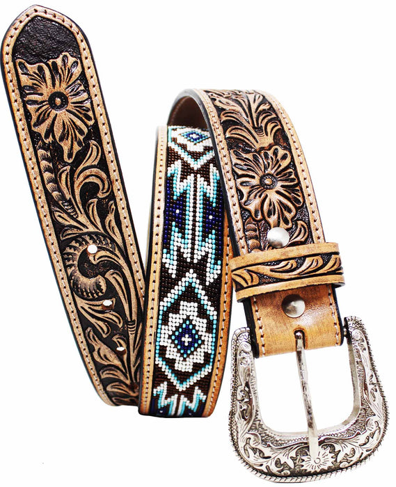Men's 1-1/2" Wide Tan Leather Floral Tooled Casual Jean Beaded Belt 26FK33
