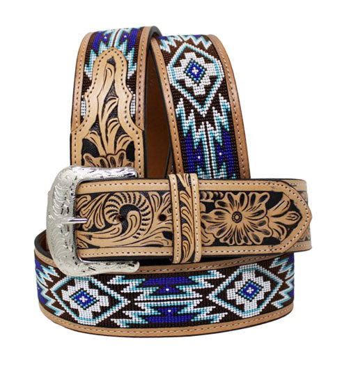 Western 2" Wide Tooled Genuine Leather Belt  Beaded