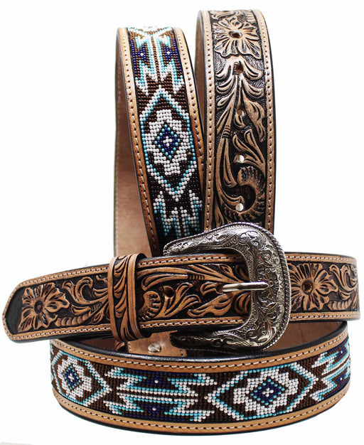 Men's 1-1/2" Wide Tan Leather Floral Tooled Casual Jean Beaded Belt 26FK33