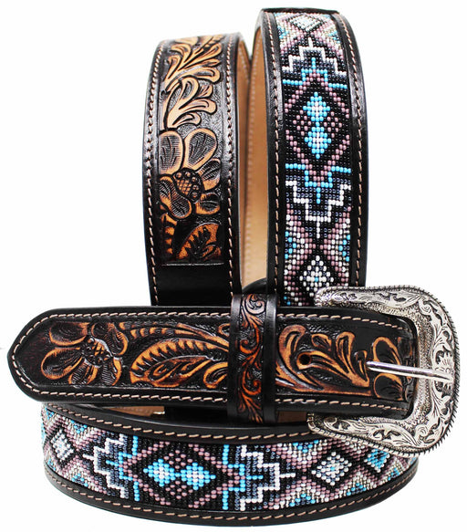 Men's 1-1/2" Wide Tan Leather Floral Tooled Beaded Casual Jean Belt 26FK34