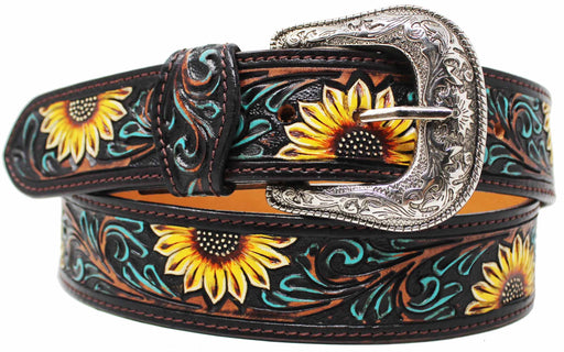 Men's 1-1/2" Wide Tan Leather Floral Tooled Casual Jean Belt 26FK36