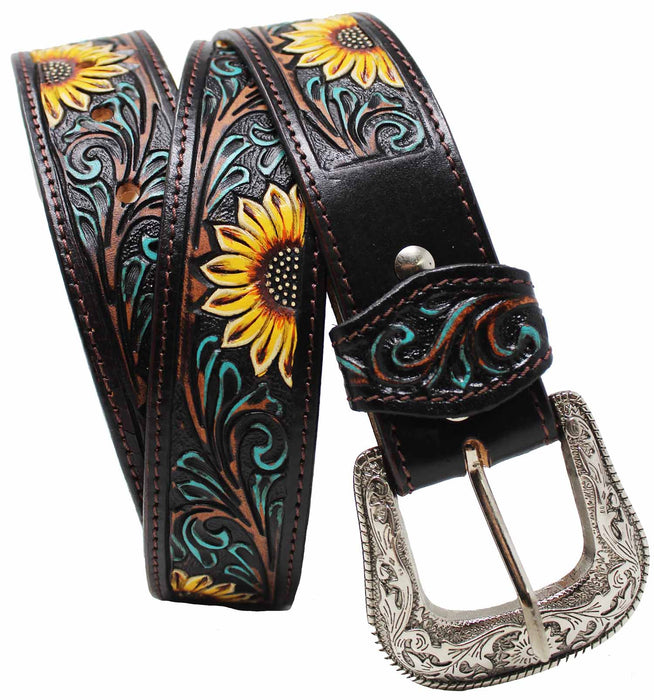 Men's 1-1/2" Wide Tan Leather Floral Tooled Casual Jean Belt 26FK36