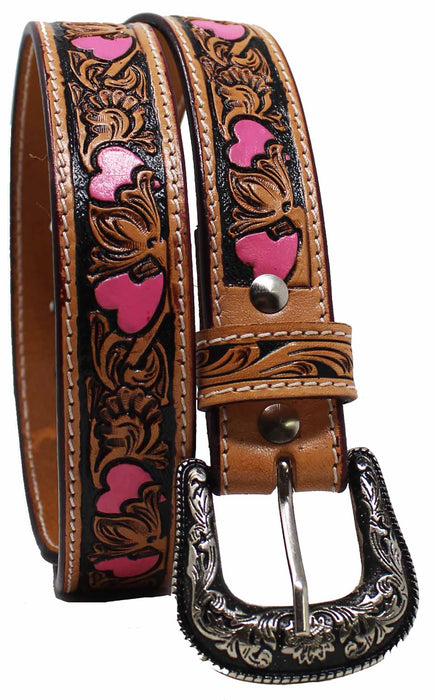 Girls Kids Child Youth 1-1/4" Wide Western Rodeo Fashion Two-Tone Floral Hearts Tooled Leather Belt 26FK37Kid