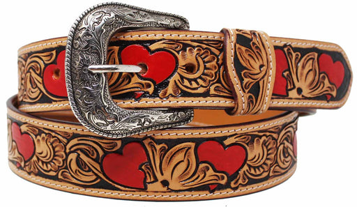 Western 1-1/2" Wide Rodeo Fashion Two-Tone Floral Tooled Red Hearts Full-Grain Leather Belt  26FK37RD