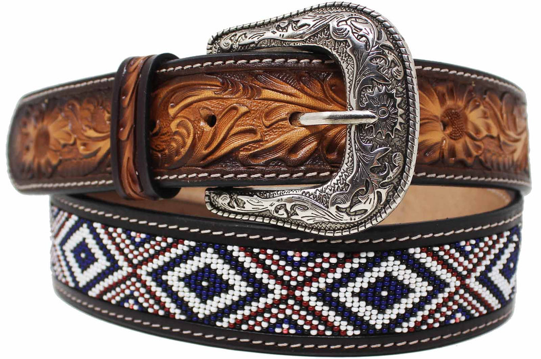 Men's 1-1/2" Wide Tan Leather Beaded Floral Tooled Western Casual Jean Belt 26FK38