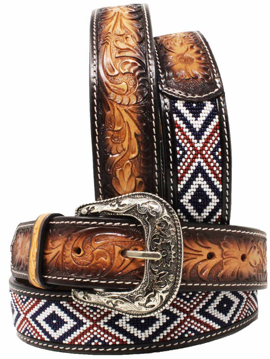 Men's 1-1/2" Wide Tan Leather Beaded Floral Tooled Western Casual Jean Belt 26FK38