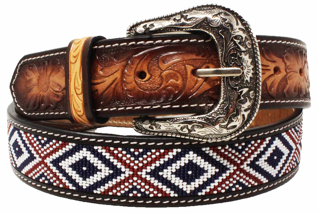 Men's 1-1/2" Wide Tan Leather Beaded Floral Tooled Western Casual Jean Belt 26FK38