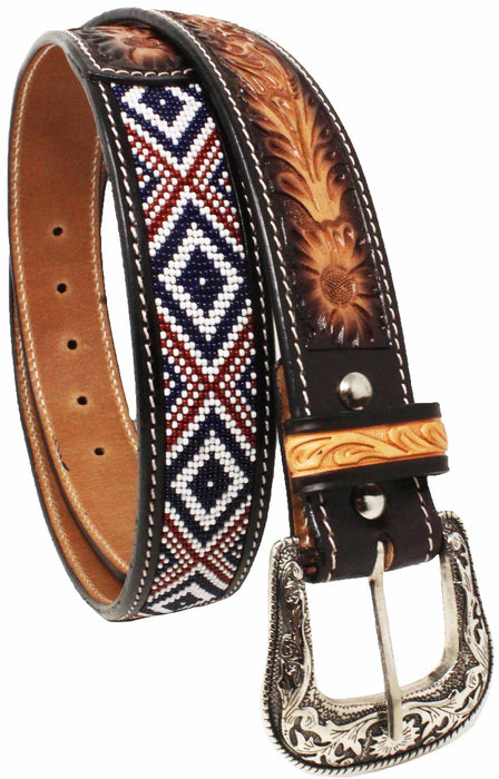 Men's 1-1/2" Wide Tan Leather Beaded Floral Tooled Western Casual Jean Belt 26FK38