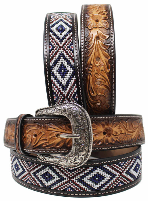 Kids Child Youth 1-1/4" Wide Western Floral Beaded Leather Belt 26FK38C