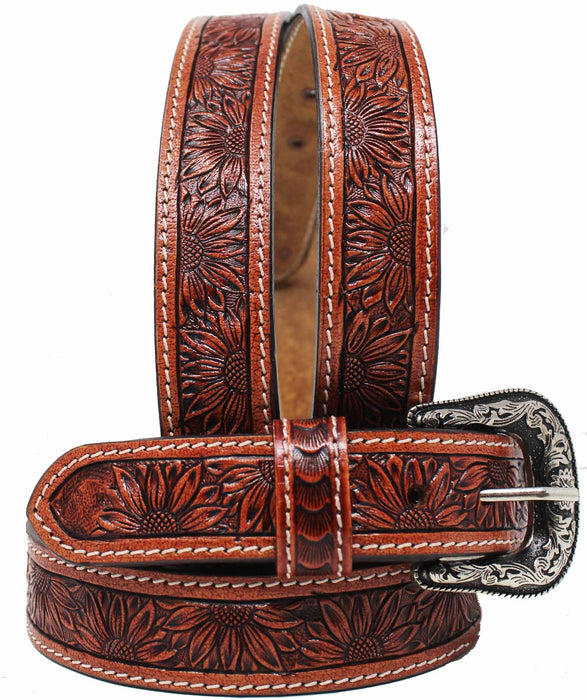 Kids Youth Young 1-1/4" Wide Tan Leather Floral Tooled Casual Jean Belt 26FKTooledC