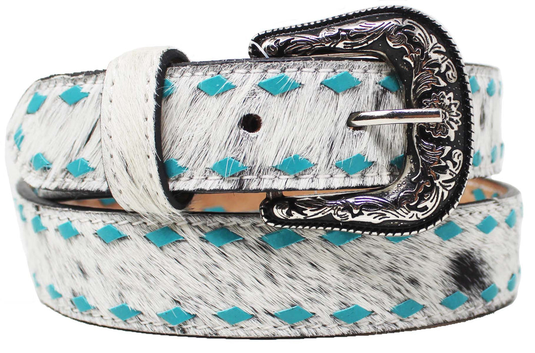 Western 1-1/4" Kids Western Cowhide Turquoise Buckstitch Leather Belt 26FK40TRC