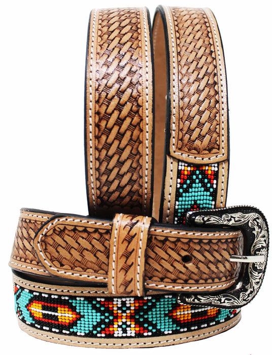Kids Child Youth 1-1/4" Wide Western Floral Tooled Purple Beaded Leather Belt 26FK41C