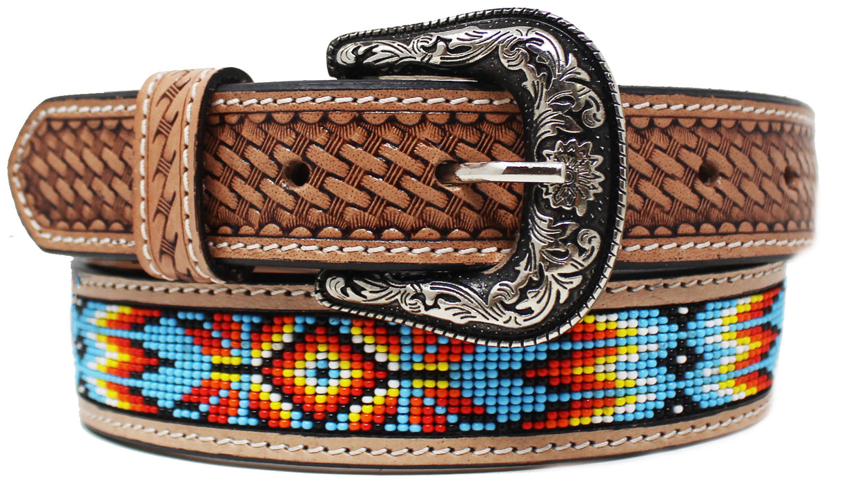 Kids Child Youth 1-1/4" Wide Western Floral Tooled Purple Beaded Leather Belt 26FK43C
