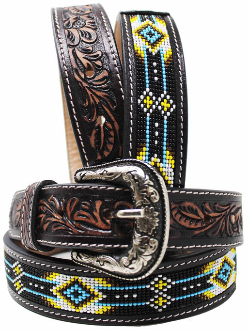 Kids Child Youth 1-1/4" Wide Western Floral Tooled Purple Beaded Leather Belt 26FK44C