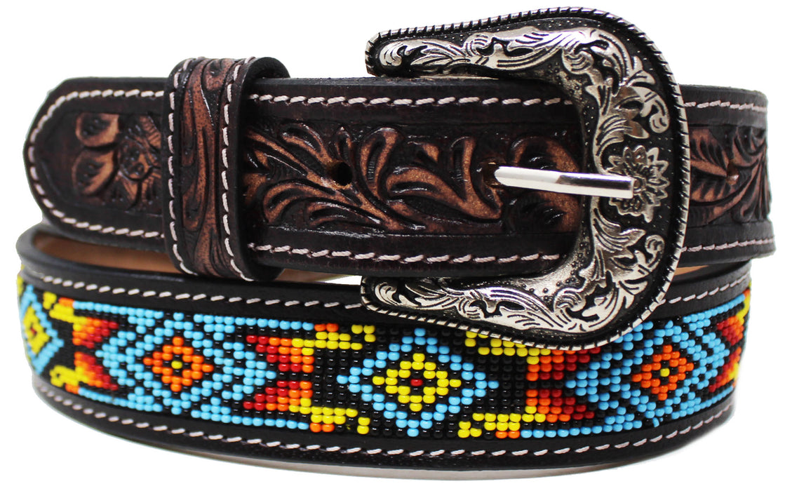 Kids Child Youth 1-1/4" Wide Western Floral Tooled Purple Beaded Leather Belt 26FK45C