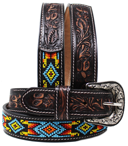 Kids Child Youth 1-1/4" Wide Western Floral Tooled Purple Beaded Leather Belt 26FK45C