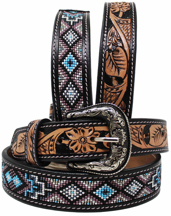 Kids Child Youth 1-1/4" Wide Western Floral Tooled Purple Beaded Leather Belt 26FK47C