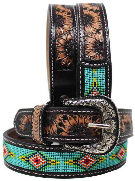 Kids Child Youth 1-1/4" Wide Western Floral Tooled Purple Beaded Leather Belt 26FK48C