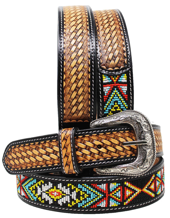Western Antique Basket Weave Tooled Beaded Full-Grain Leather Belt 26FK49