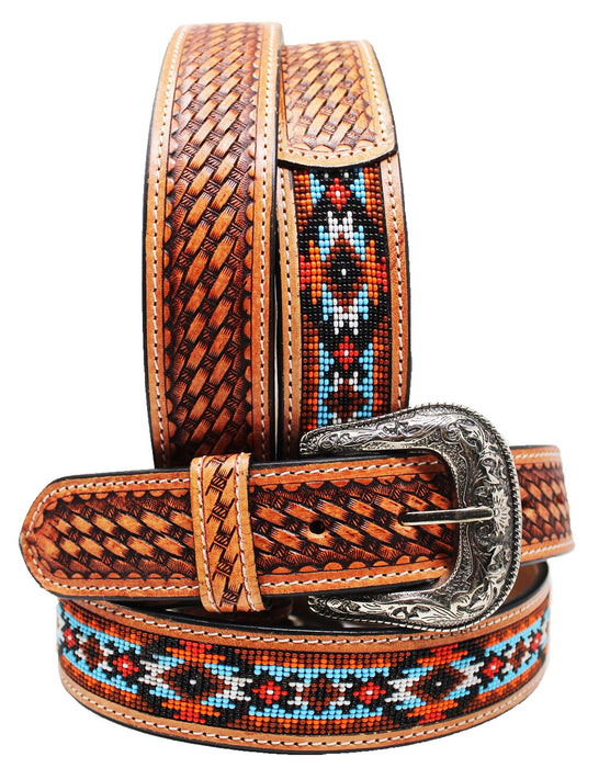 Western Antique Basket Weave Tooled Beaded Full-Grain Leather Belt 26FK50