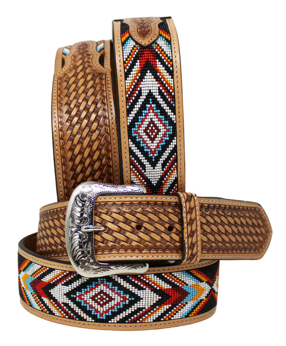 Western 2" Wide Tooled Genuine Leather Belt  Beaded
