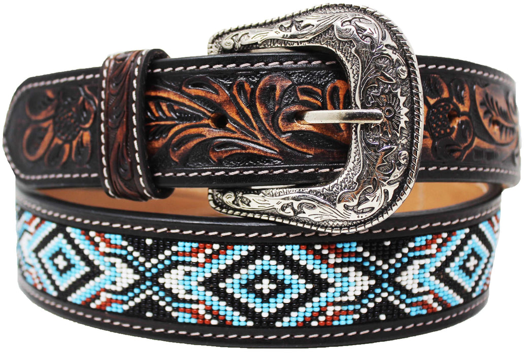 Western Antique Floral Tooled Beaded Full-Grain Leather Belt 26FK55