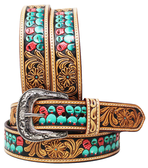 Western Antique Basket Weave Tooled Beaded Full-Grain Leather Belt Cactus 26FK56