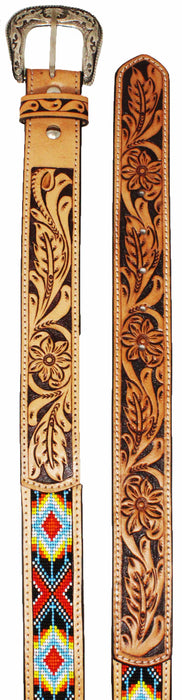 Western Floral Hand-Tooled Beaded Full-Grain Leather Belt 26FK59