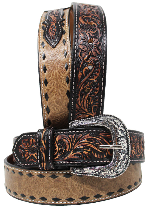 Men's 1 1/2" Wide Tan Leather Floral Tooled Casual Jean Belt 26FK67
