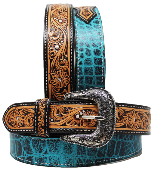 Men's 1 1/2" Wide Tan Leather Floral Tooled Casual Jean Belt 26FK68