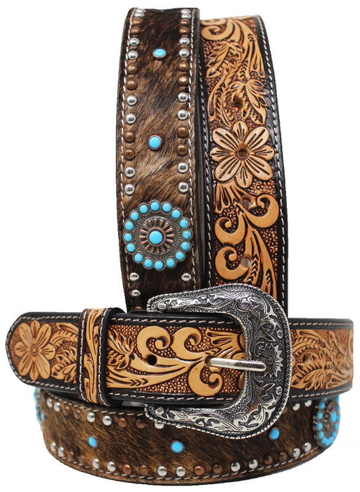 Western 1 1/2" Wide Men Women Rodeo Floral Tooled Hairon Leather Belt 26FK77