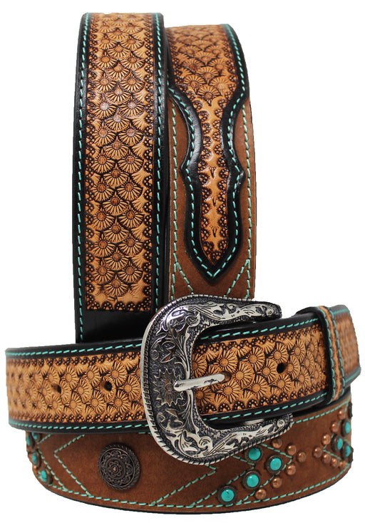 Western Antique Turquoise Stone Full-Grain Leather Belt 26FK78
