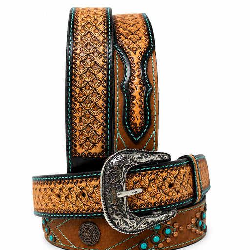 Western Antique Turquoise Stone Full-Grain Leather Belt 26FK78