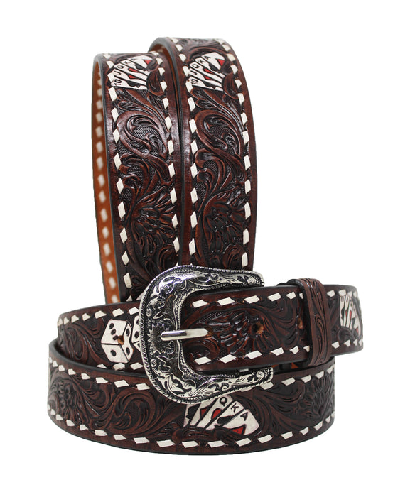 Cowboy Cowgirl Poker Western 1-1/2" Wide Hand Tooled Leather Belt 26FKPoker