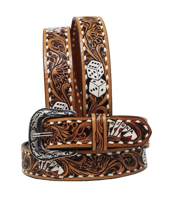 Cowboy Cowgirl Poker Western 1-1/2" Wide Hand Tooled Leather Belt 26FKPoker