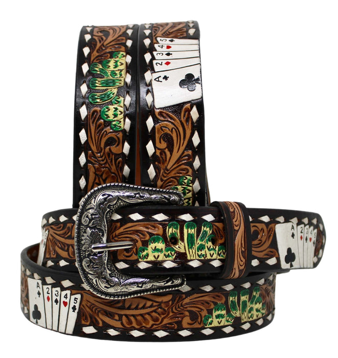 Cowboy Cowgirl Poker Western 1-1/2" Wide Hand Tooled Leather Belt 26FKPoker