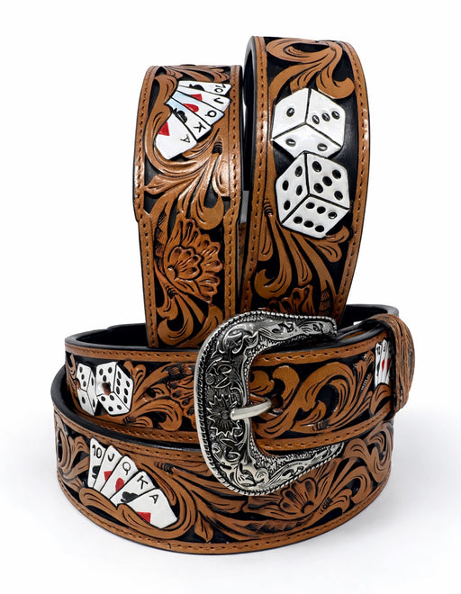 Men’s Western 1-3/4" Embossed Leather Belt with Playing Cards & Dice Design, Vintage Tooled Cowboy Belt with Engraved Metal Buckle, Casual Fashion Waist Belt