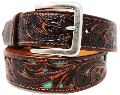 Western Heavy Duty Unisex Genuine Leather Floral Tooled Belt Teal Inlay 26JQ02