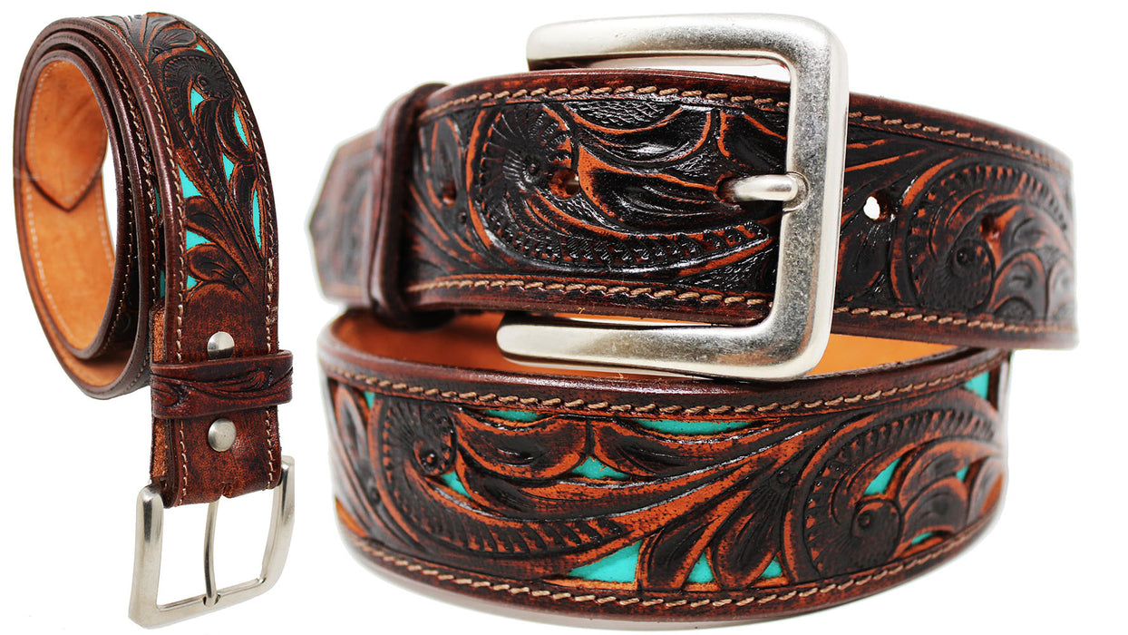 Western Heavy Duty Unisex Genuine Leather Floral Tooled Belt Teal Inlay 26JQ02