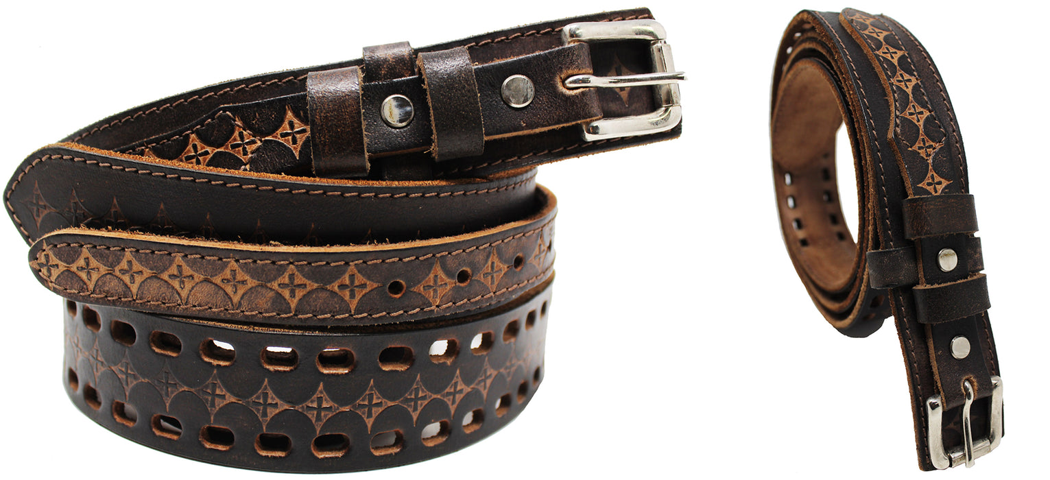 Men's 100% Leather Double Hole Casual Jean Ranger Belt Cross Black 12RAA23
