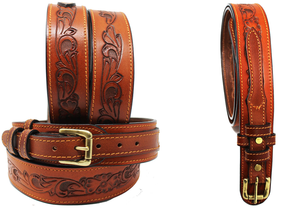 Men's Wide Leather Wide Floral Tooled Leather Casual Jean Ranger Belt 26RAA86