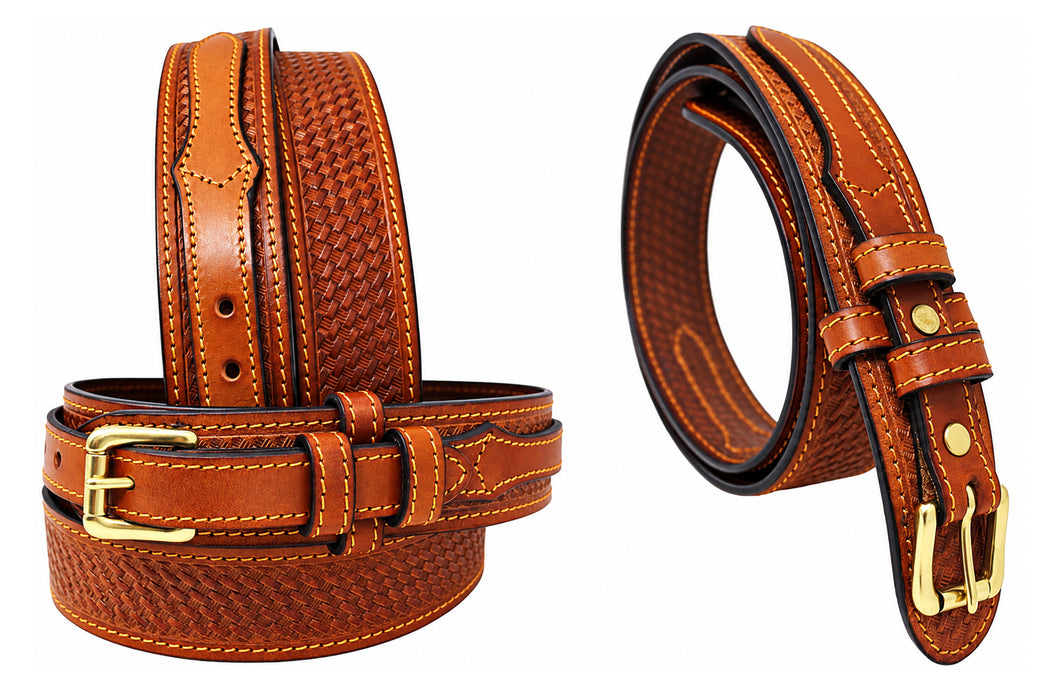 Mens Western Ranger Belt Leather Basket Weave Tooled Black Tan Brown 26RAA90BasketWeave